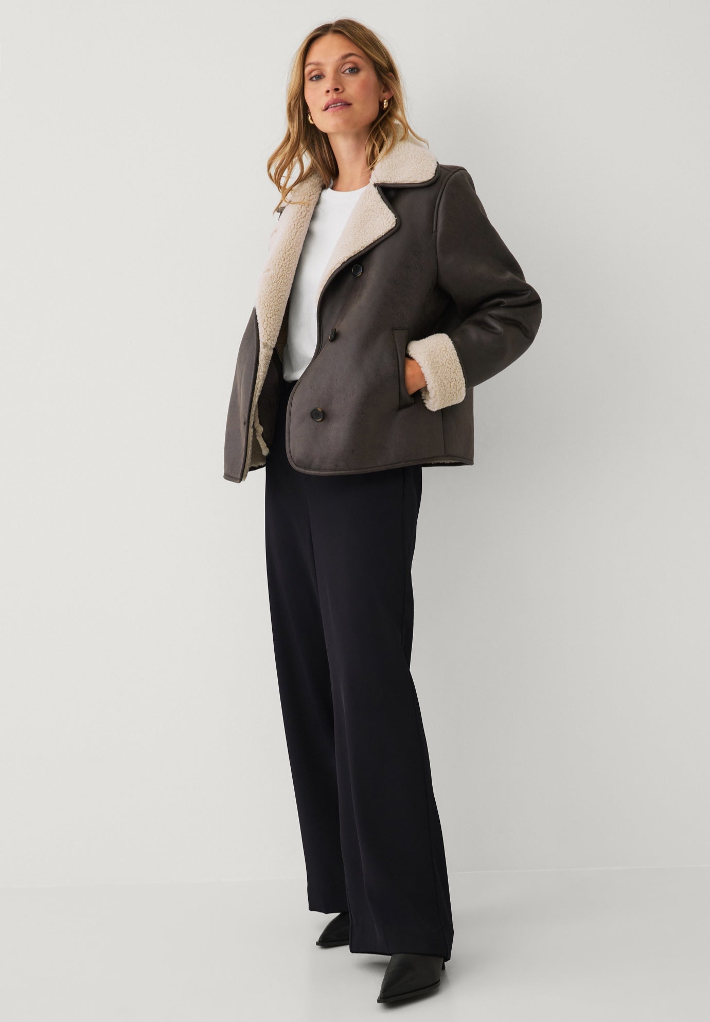 Button-Front Faux Leather Shearling Coat image number 1