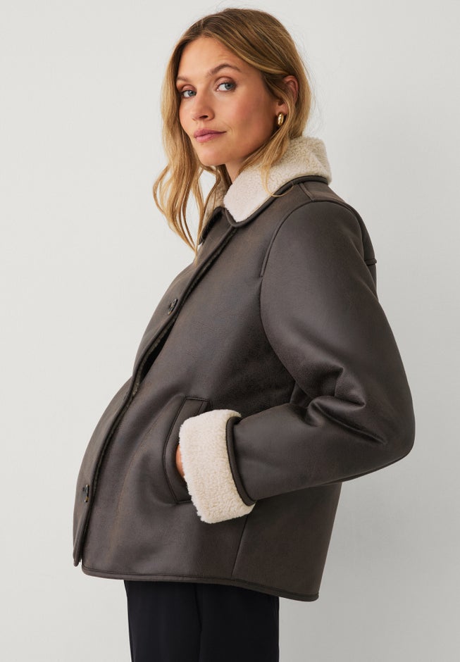 Button-Front Faux Leather Shearling Coat image number 2