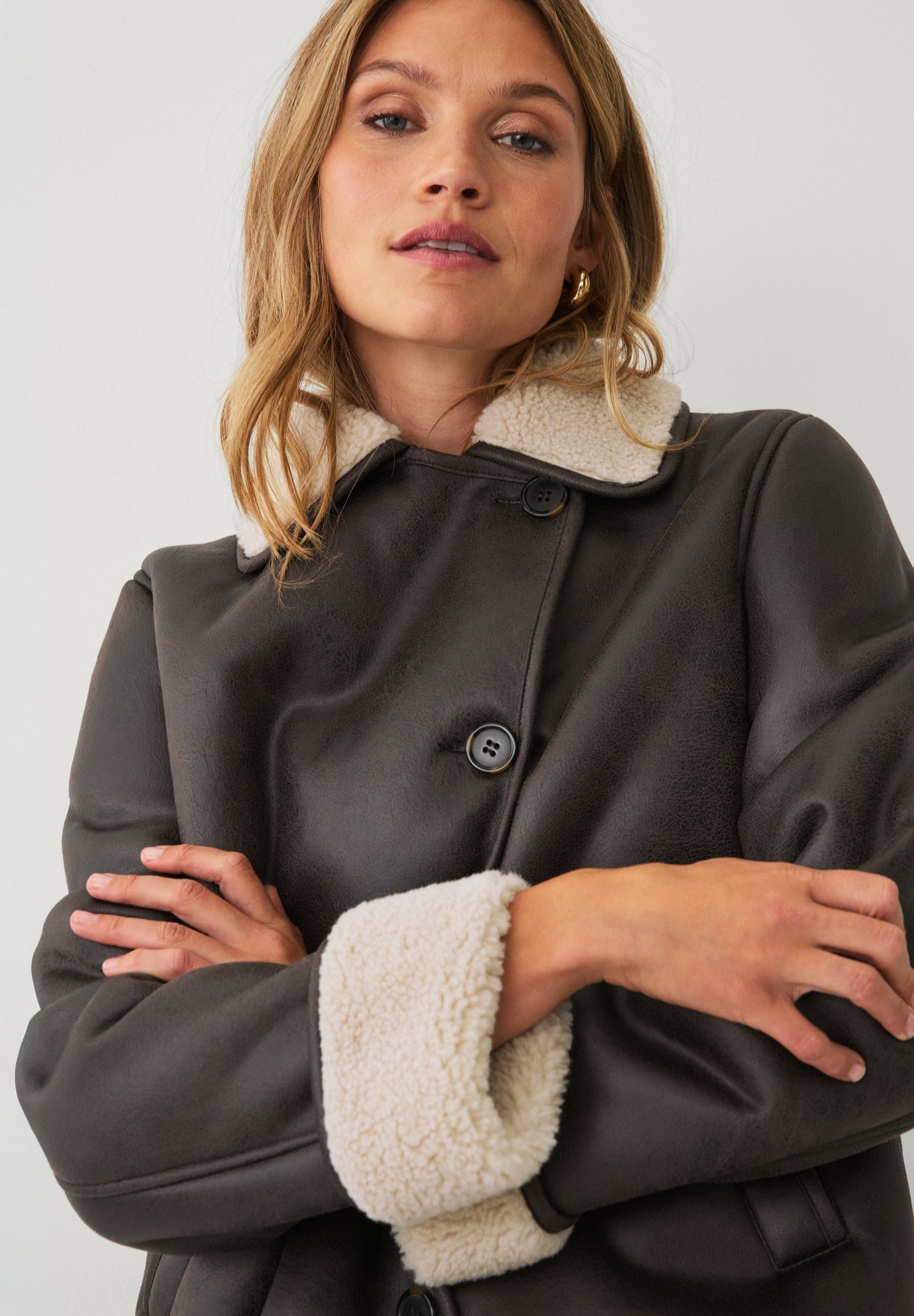 Button-Front Faux Leather Shearling Coat image number 3