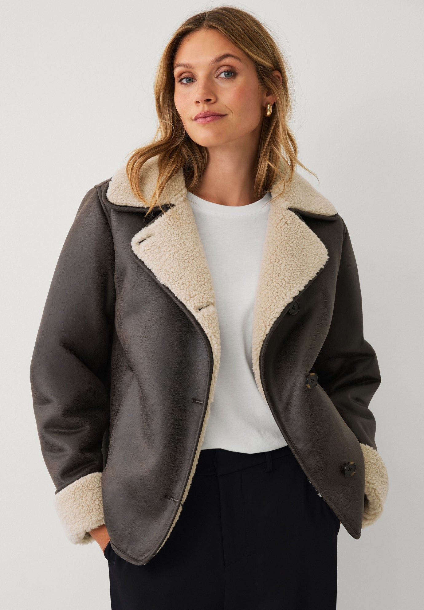 Button-Front Faux Leather Shearling Coat image number 0