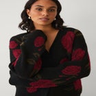 Wool-Blend V-Neckline Ribbed Boxy Rose Knit Cardigan image number 0