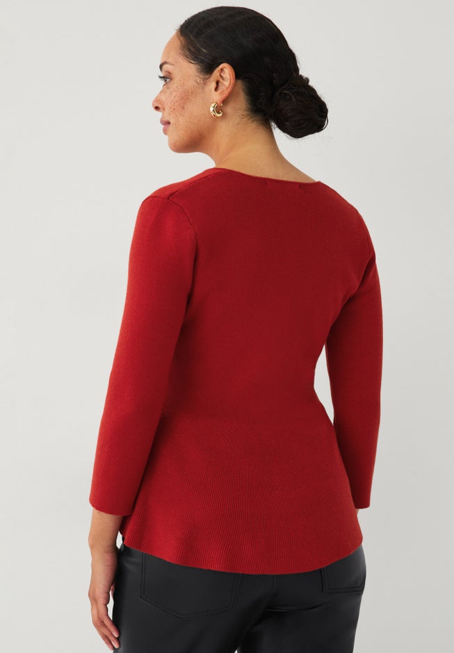 Fine Knit V-Neck Three-Quarter Sleeve Ribbed Peplum Pullover Sweater image number 1