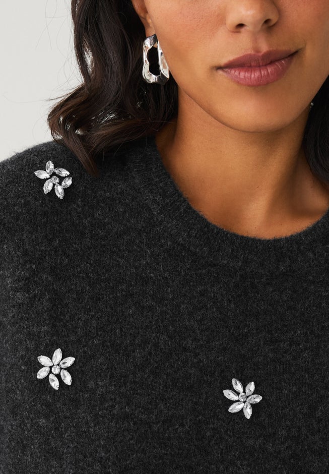 Wool-Blend Embellished Crewneck Elbow-Length Sleeve Pullover Sweater image number 2