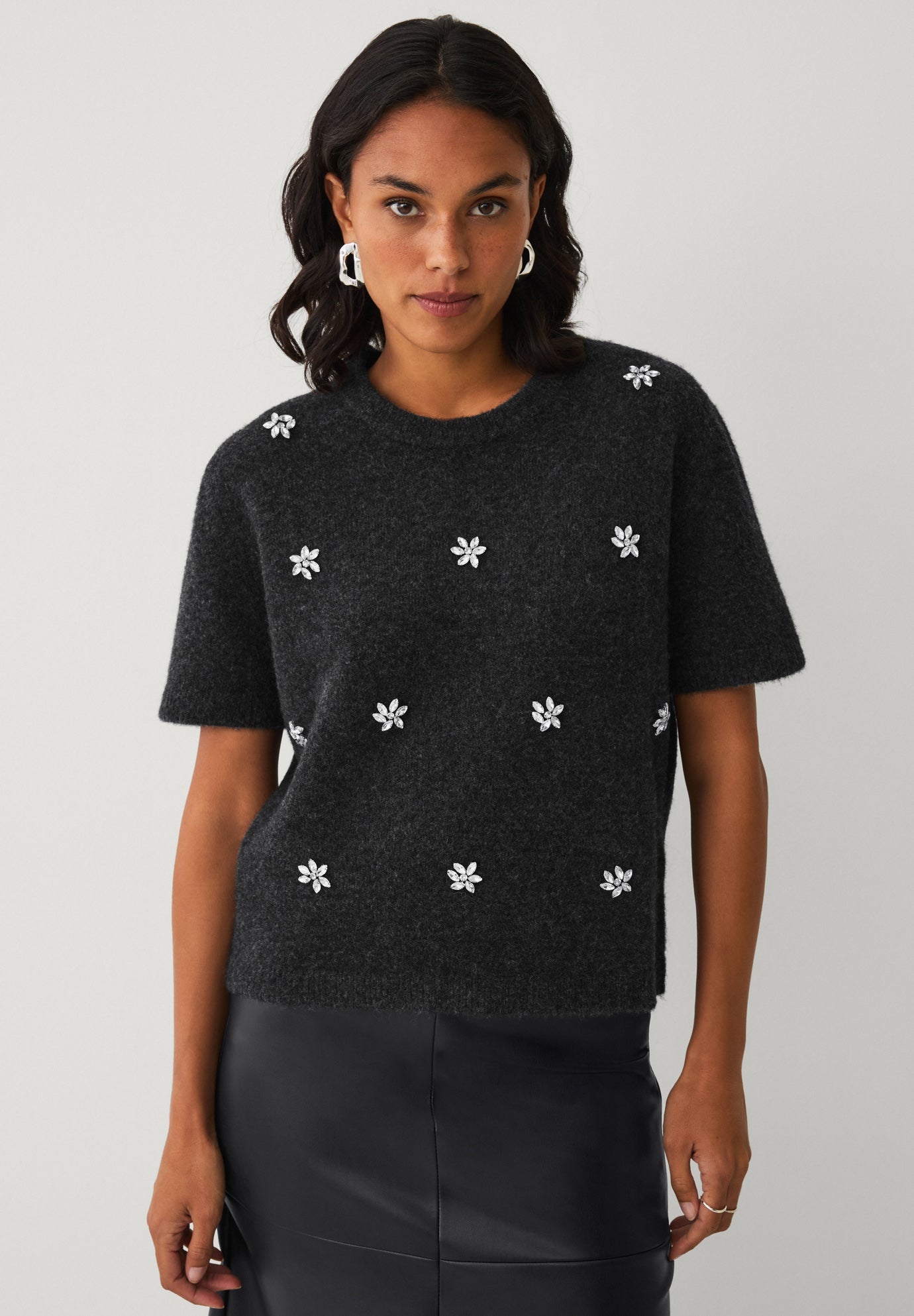 Wool-Blend Embellished Crewneck Elbow-Length Sleeve Pullover Sweater image number 0