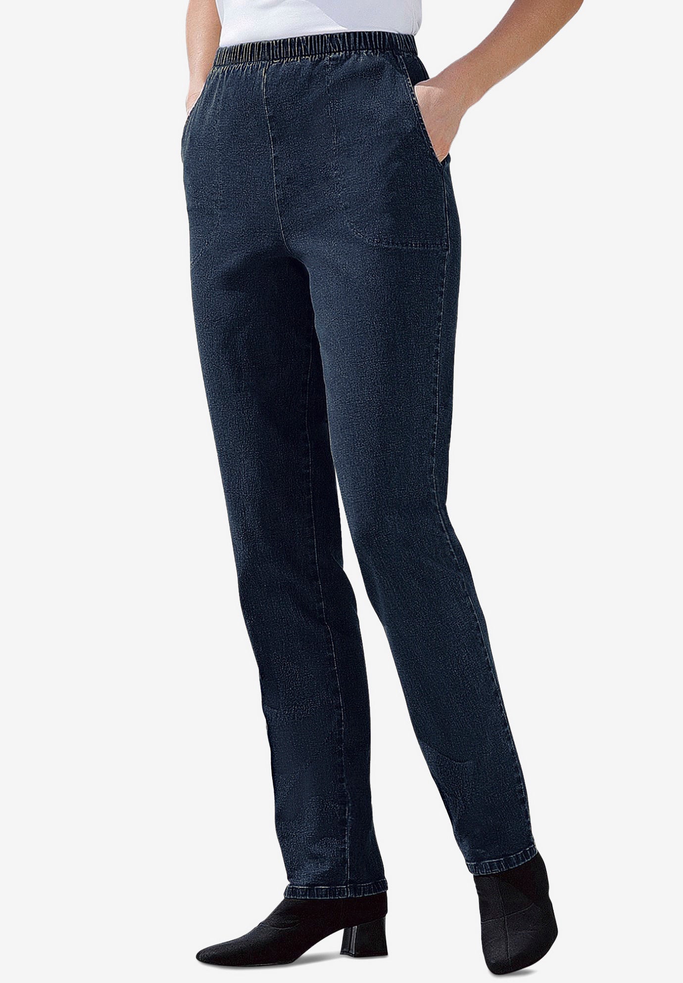 Fineline Pull-On Elastic Waist Straight-Leg Stretch Denim Jeans image number 0