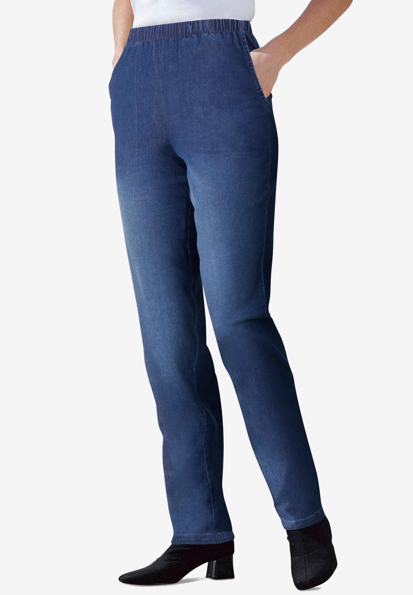 Fineline Pull-On Elastic Waist Straight-Leg Stretch Denim Jeans image number 0