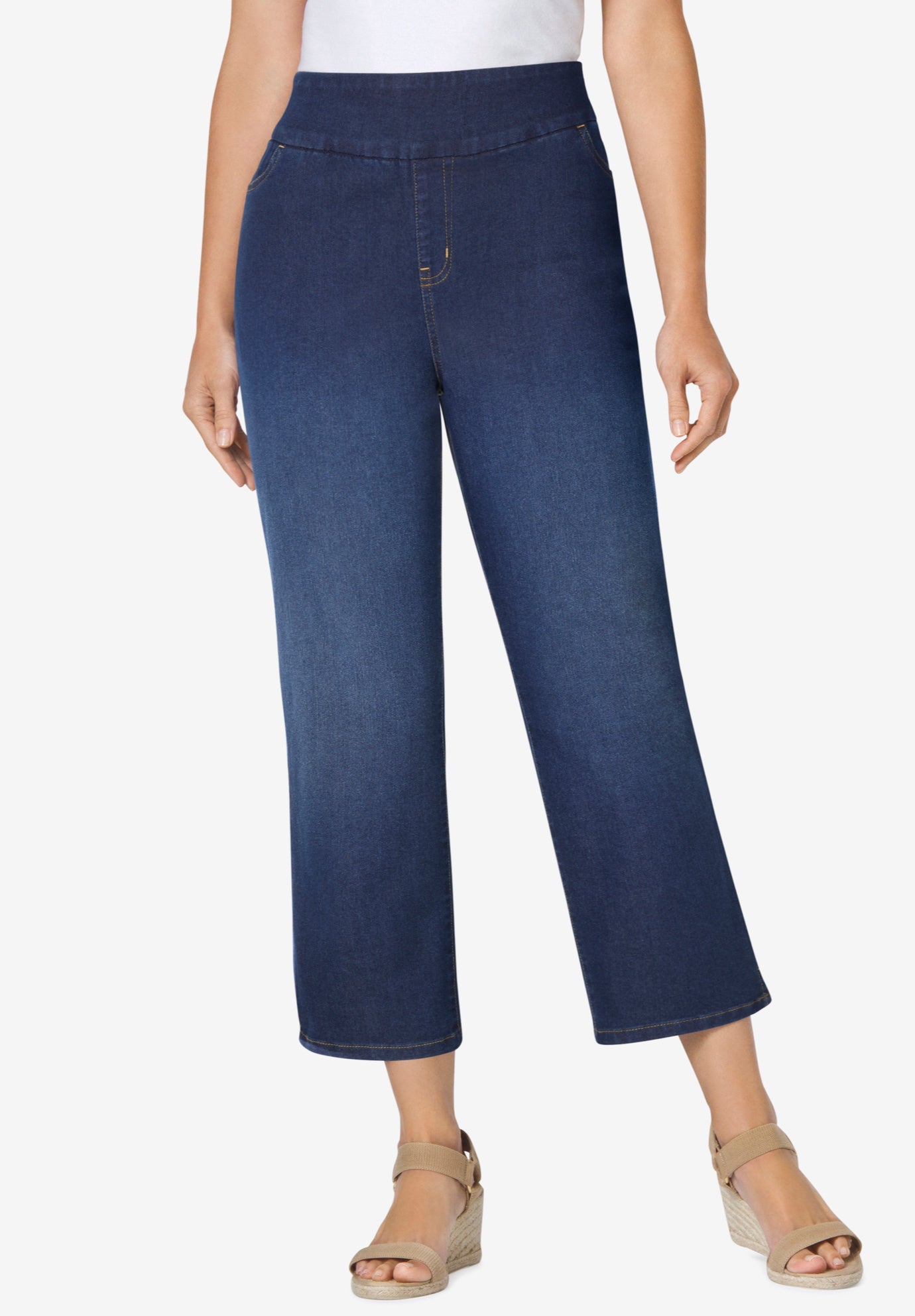 Pull-On Flex-Fit Elastic-Waist Stretch Denim Capri Jeans image number 0