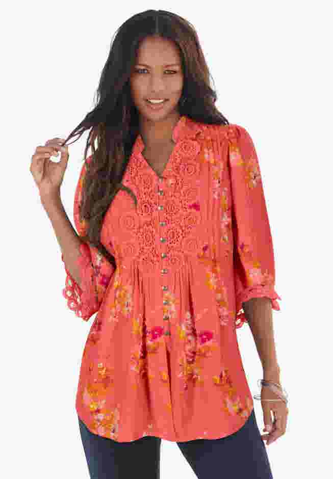 Plus Size Juliet Lace Trim Button-Down Shirt image number 0