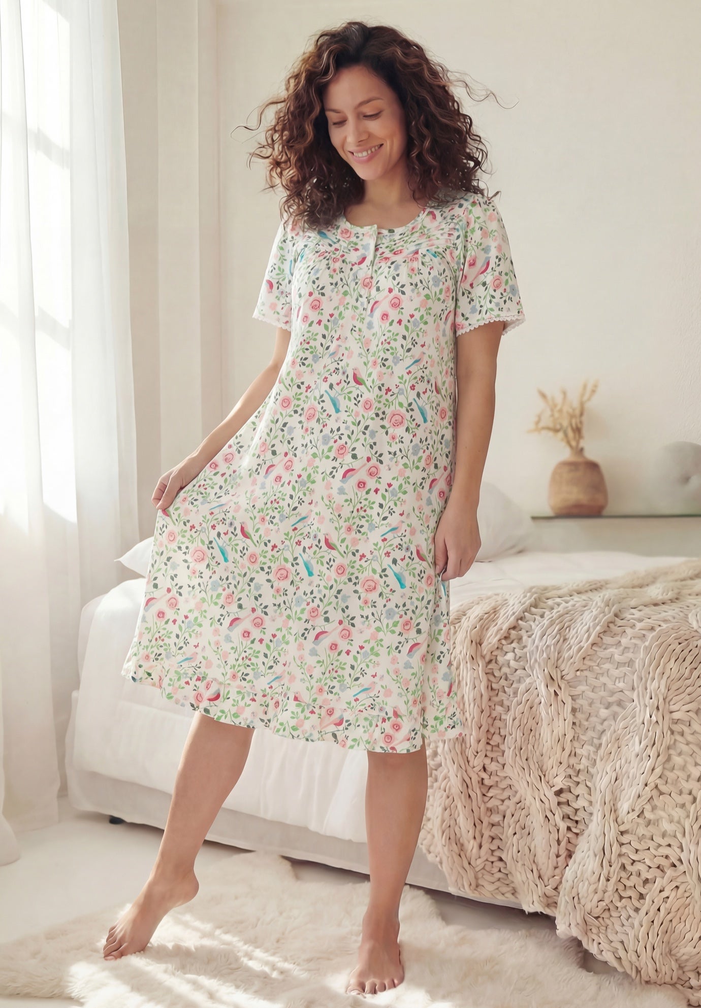 Short Floral Print Cotton Gown image number 4