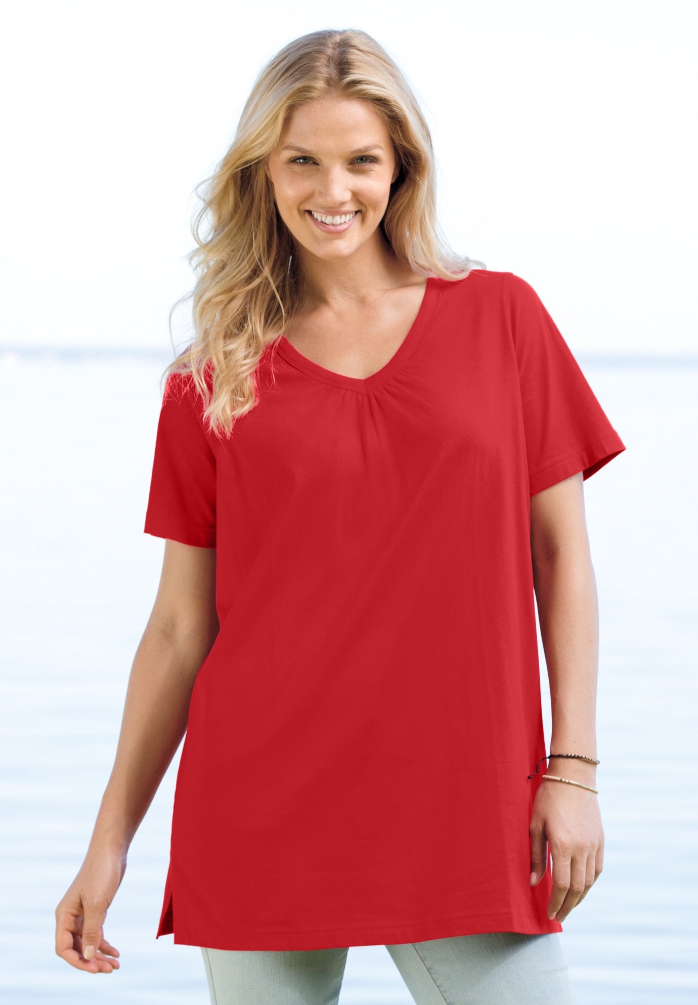 Perfect Short-Sleeve Shirred V-Neck Tunic image number 0