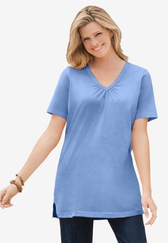 Perfect Short-Sleeve Shirred V-neck Tunic