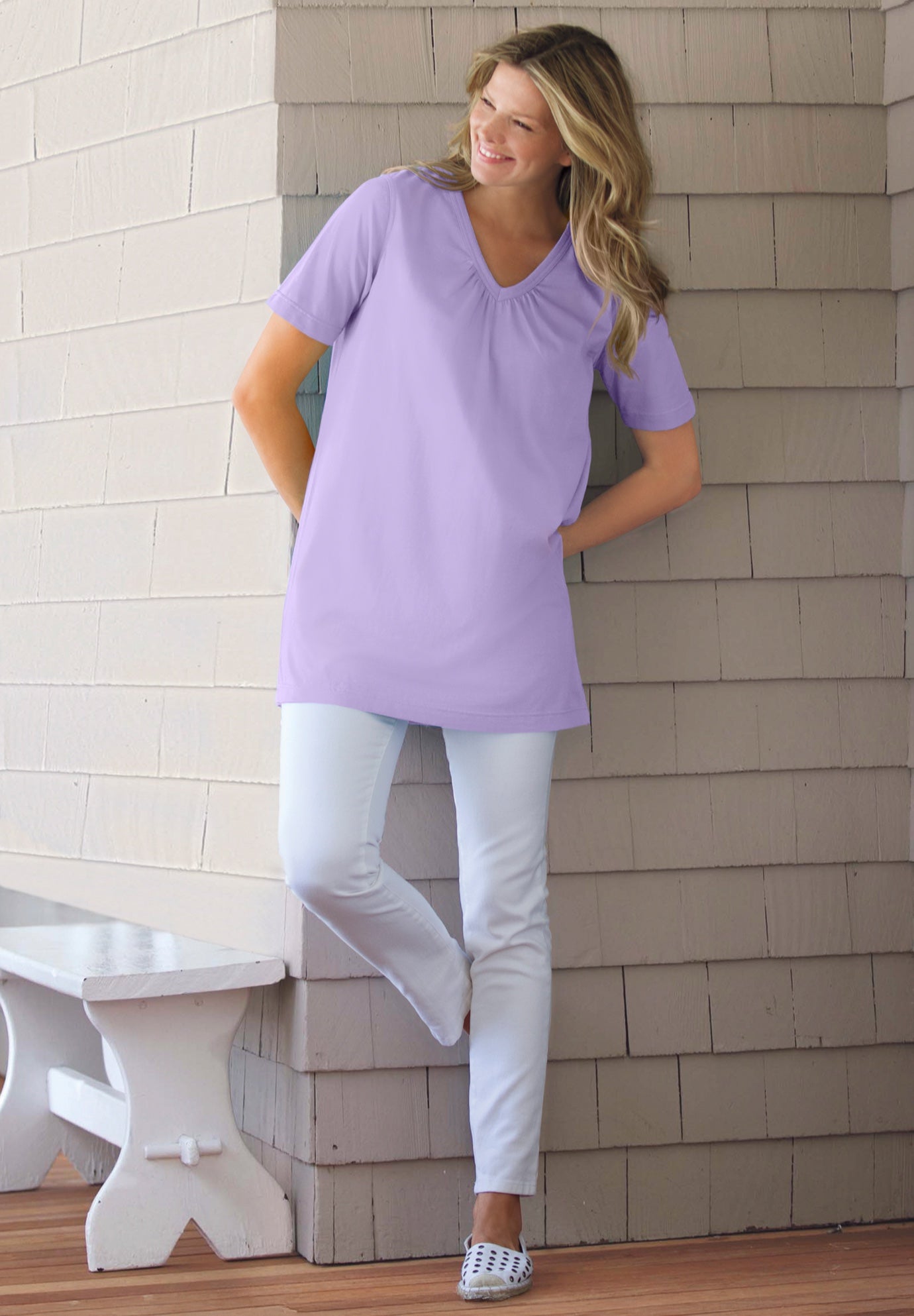 Perfect Short-Sleeve Shirred V-Neck Tunic image number 0