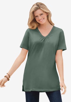 Perfect Short-Sleeve Shirred V-neck Tunic