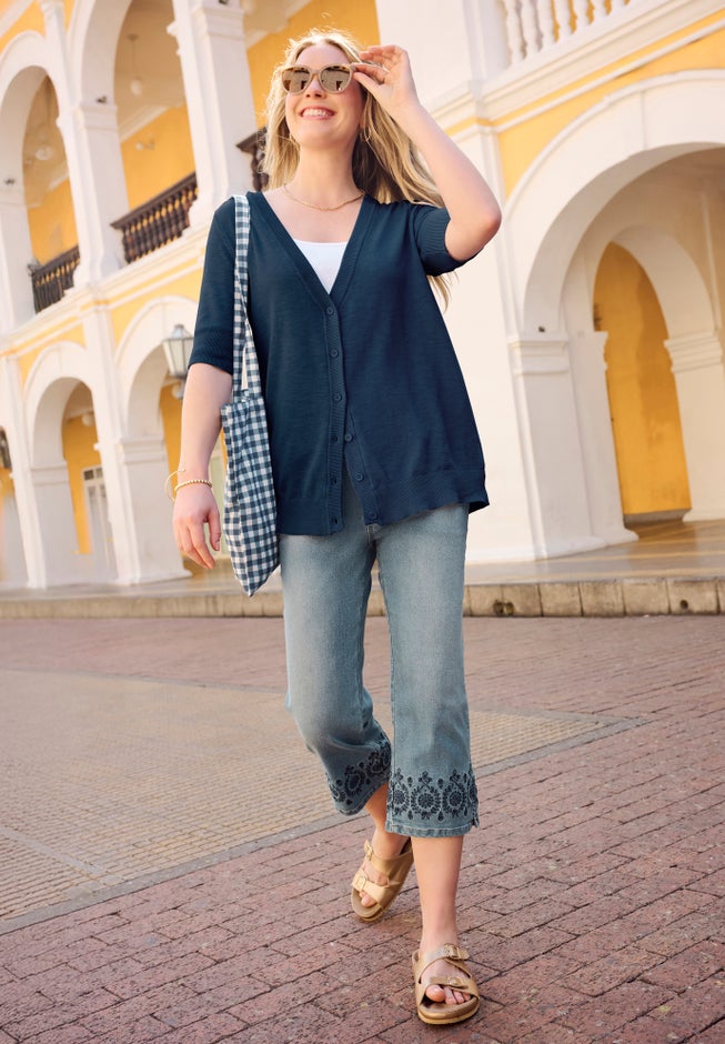 Stretch Denim Five-Pocket Capri Jeans image number 4