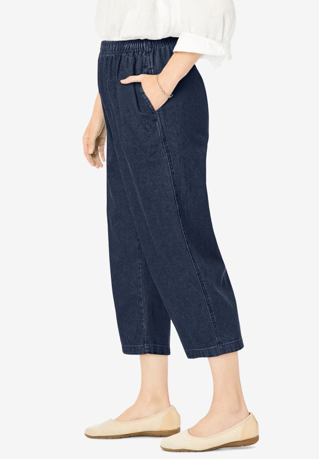 7-Day Elastic-Waist Pull-On Cotton Denim Capri Jeans image number 2