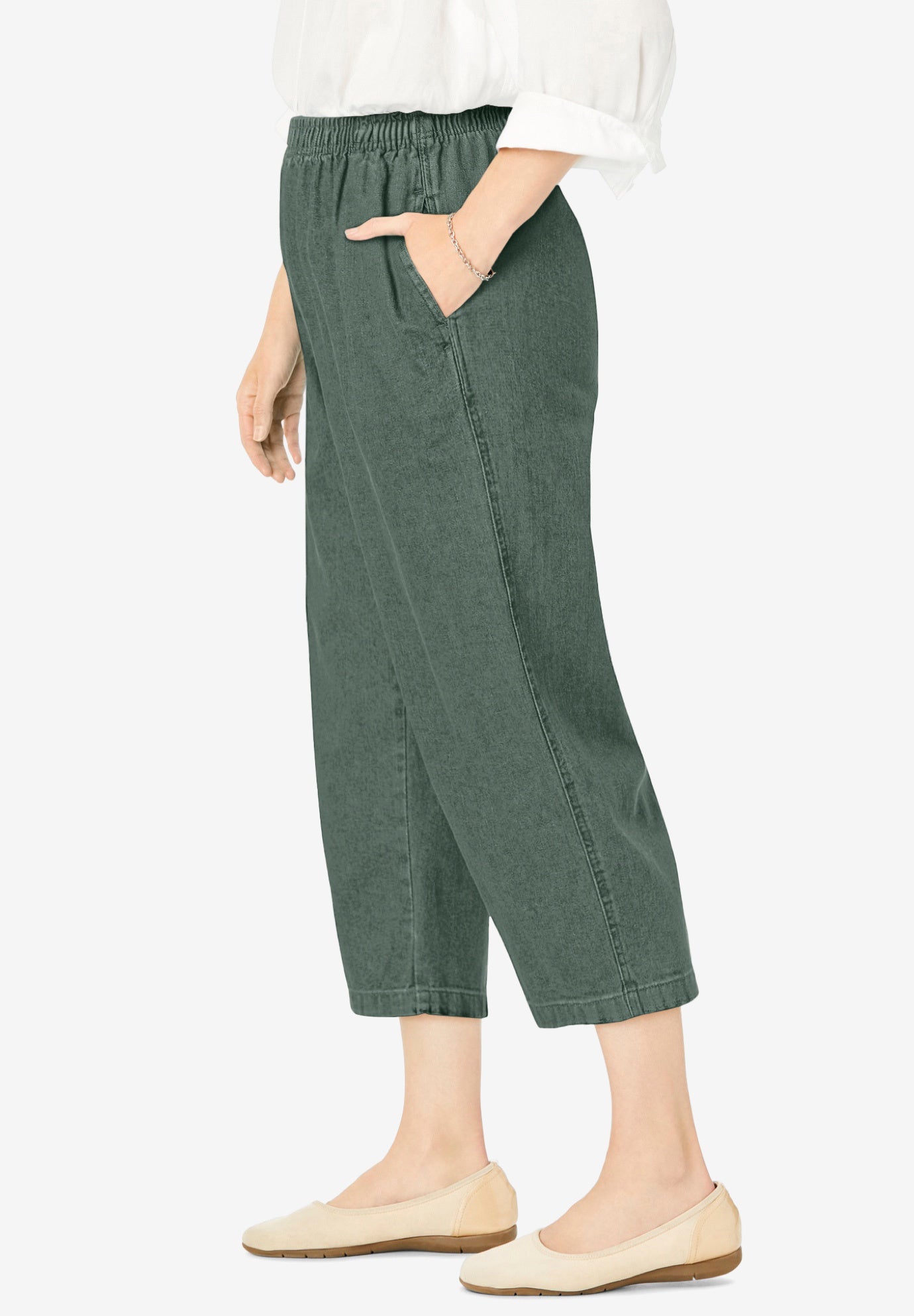 7-Day Elastic-Waist Pull-On Cotton Denim Capri Jeans image number 2