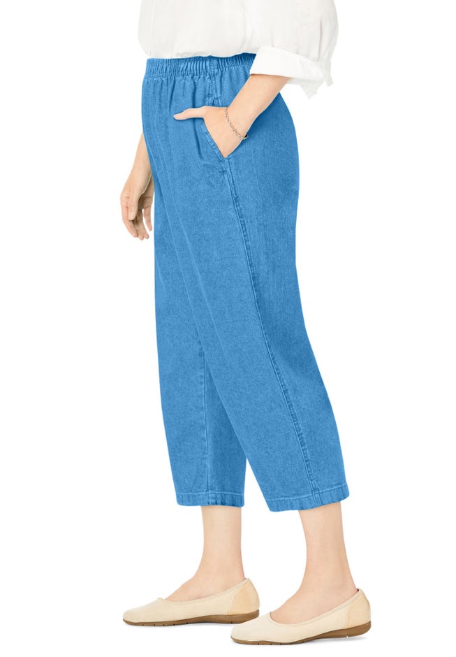 7-Day Elastic-Waist Pull-On Cotton Denim Capri Jeans image number 2