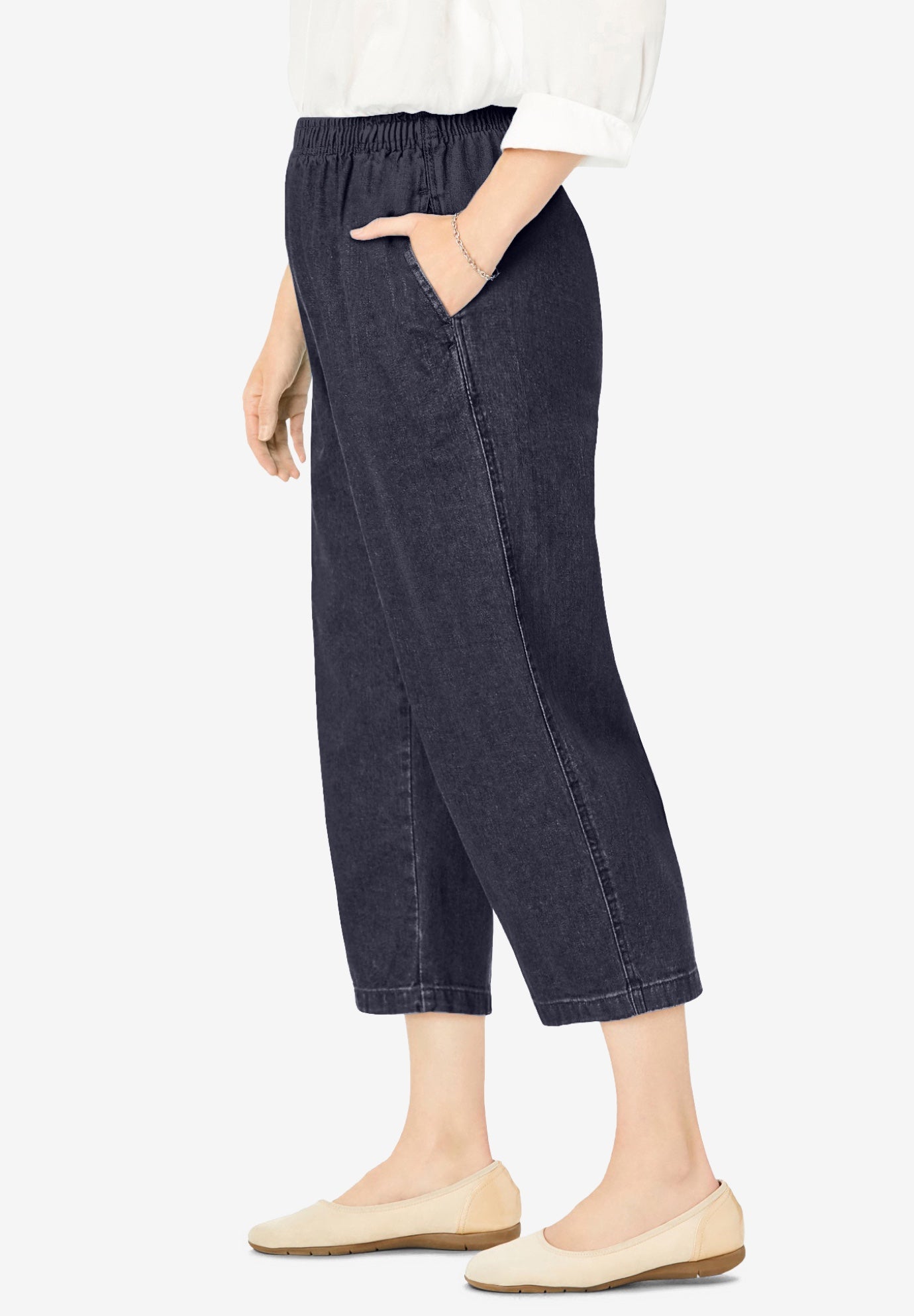 7-Day Elastic-Waist Pull-On Cotton Denim Capri Jeans image number 2