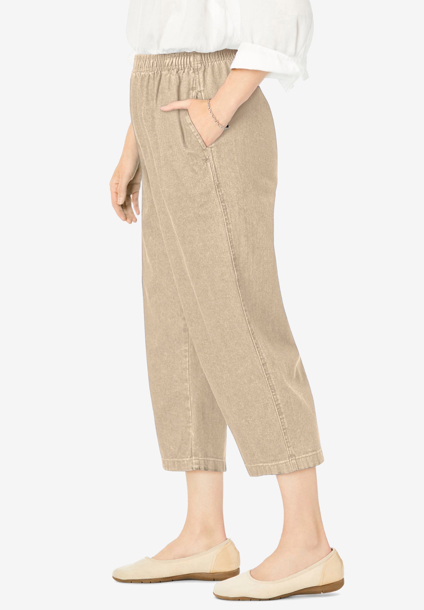 7-Day Elastic-Waist Pull-On Cotton Denim Capri Jeans image number 2