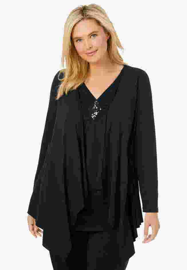 Layered look long top with sequined inset image number 0