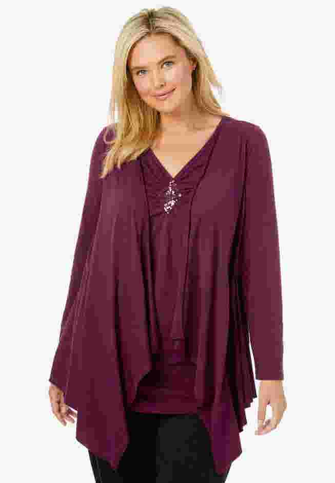 Layered look long top with sequined inset image number 0