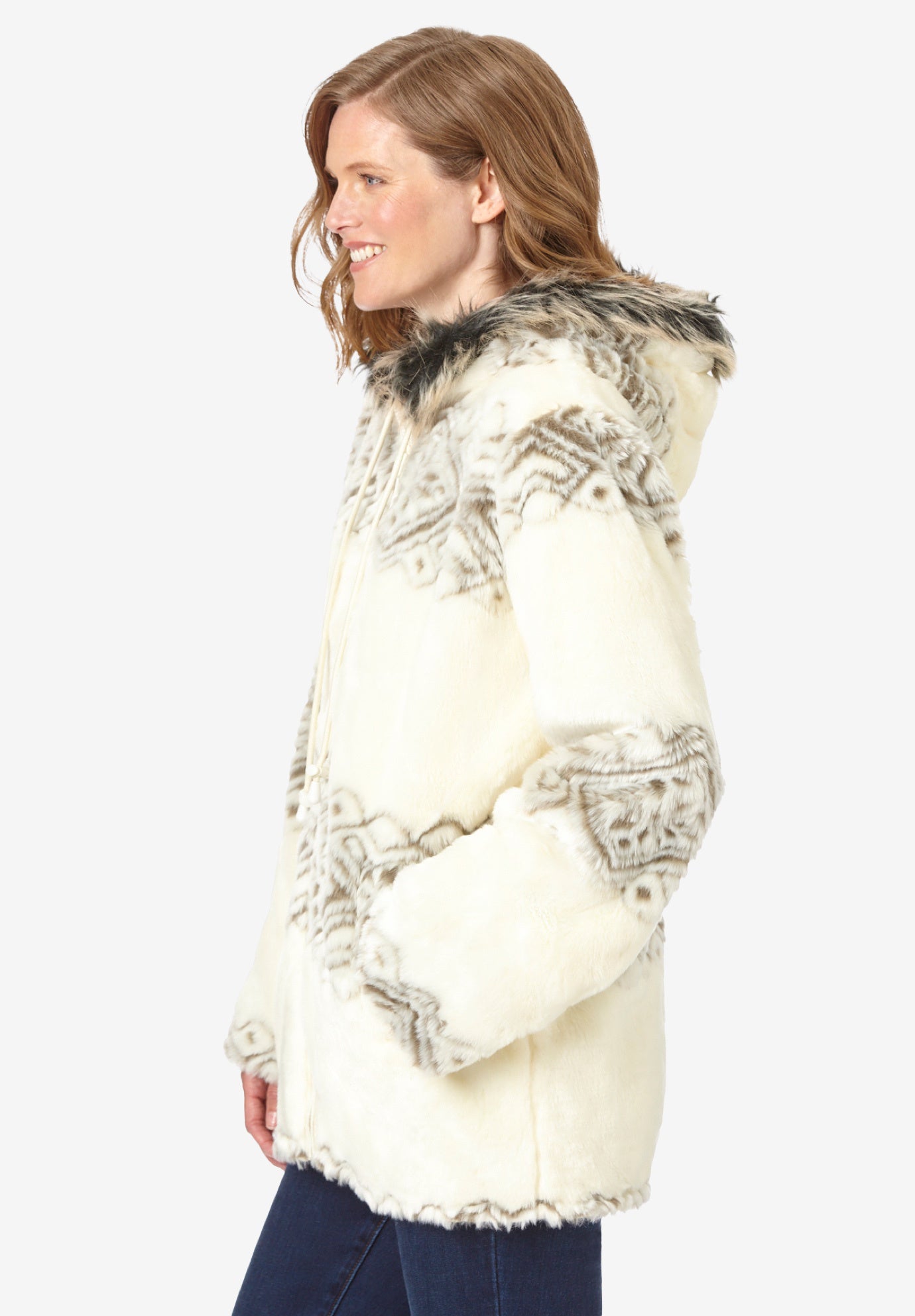 Faux Fur Snowflake Print Hooded Jacket image number 2