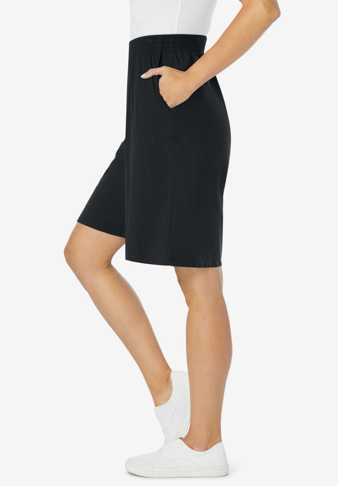 Elastic-Waist Knit Short with Pockets, Black | Woman Within