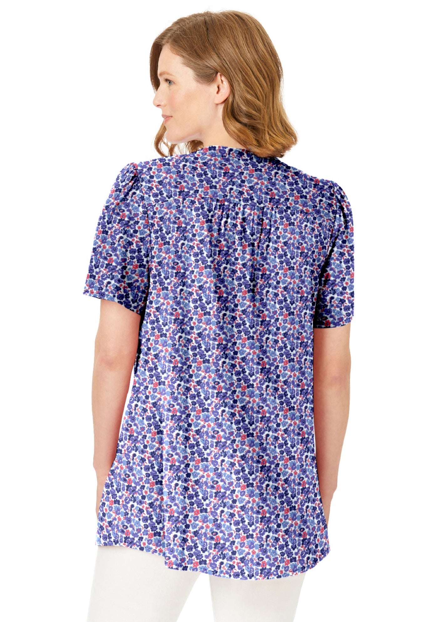 Pintucked Half-Button Cotton Tunic Top, Navy Blooming Ditsy