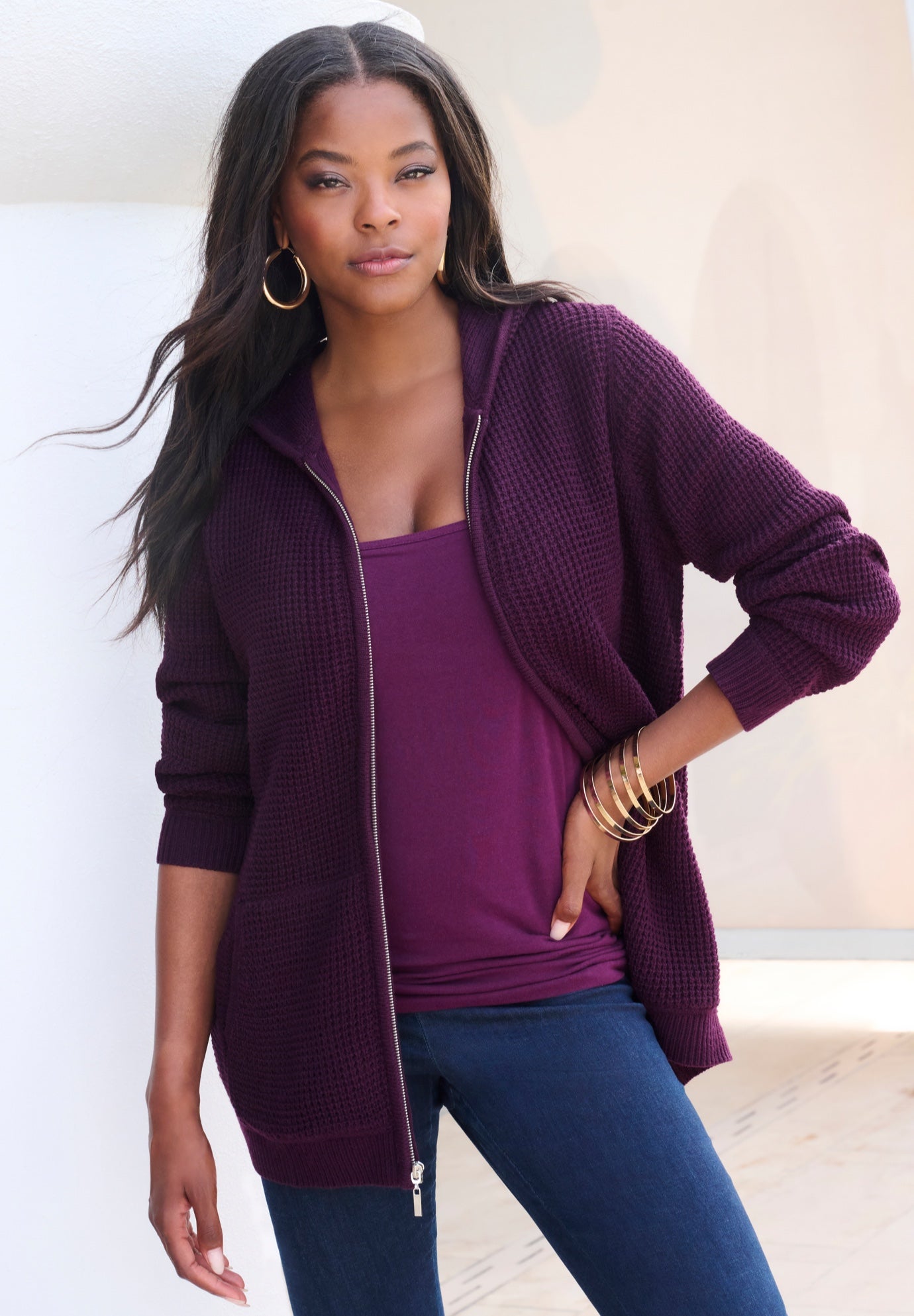 Plus Size Waffle Knit Zip-Front Relaxed Hoodie image number 5
