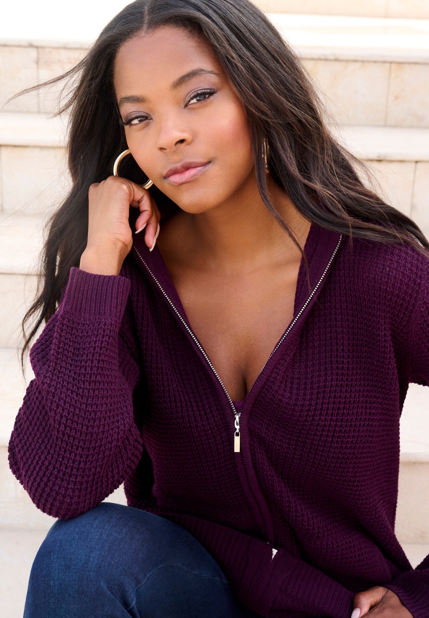 Plus Size Waffle Knit Zip-Front Relaxed Hoodie image number 6