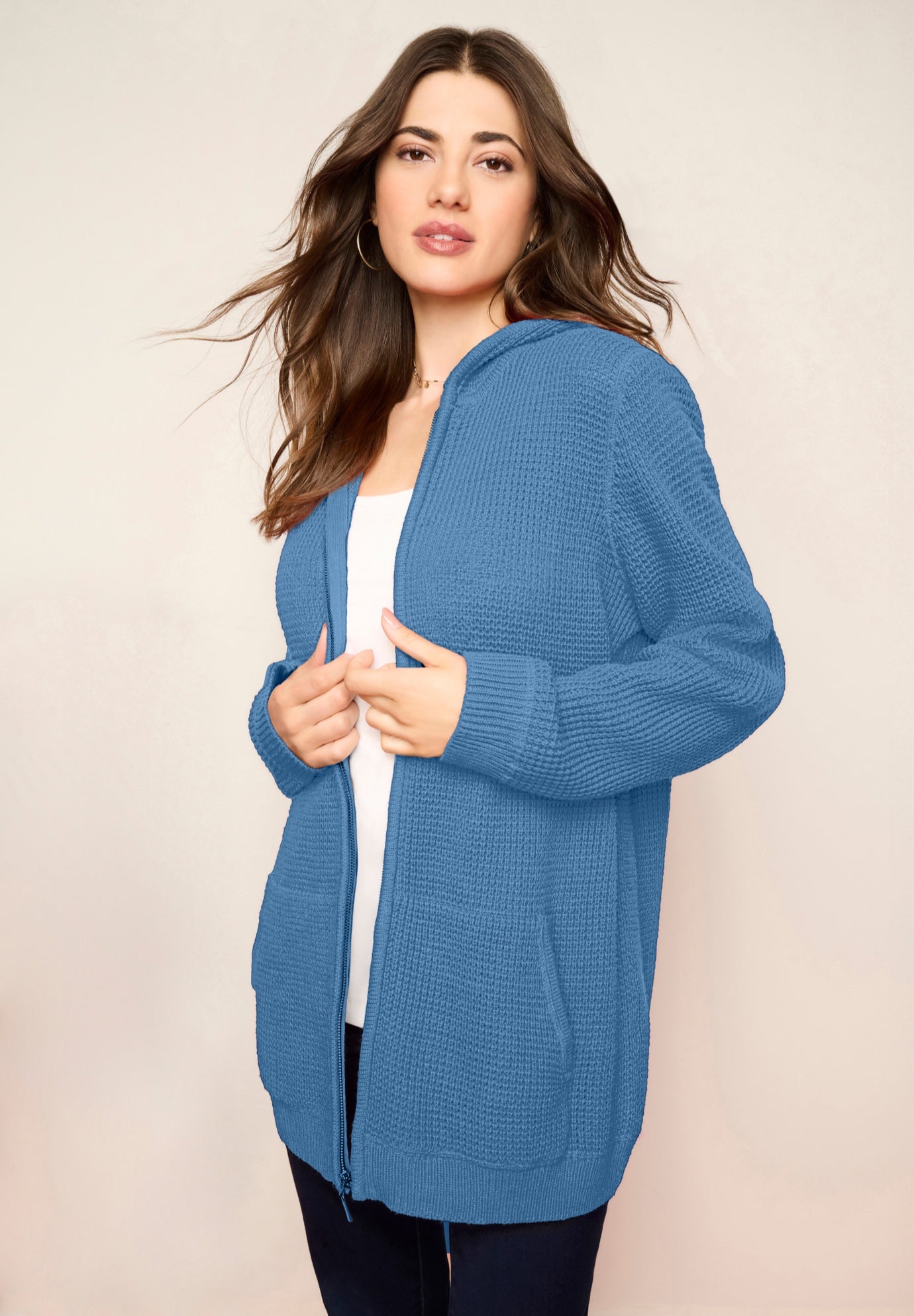 Plus Size Waffle Knit Zip-Front Relaxed Hoodie image number 1