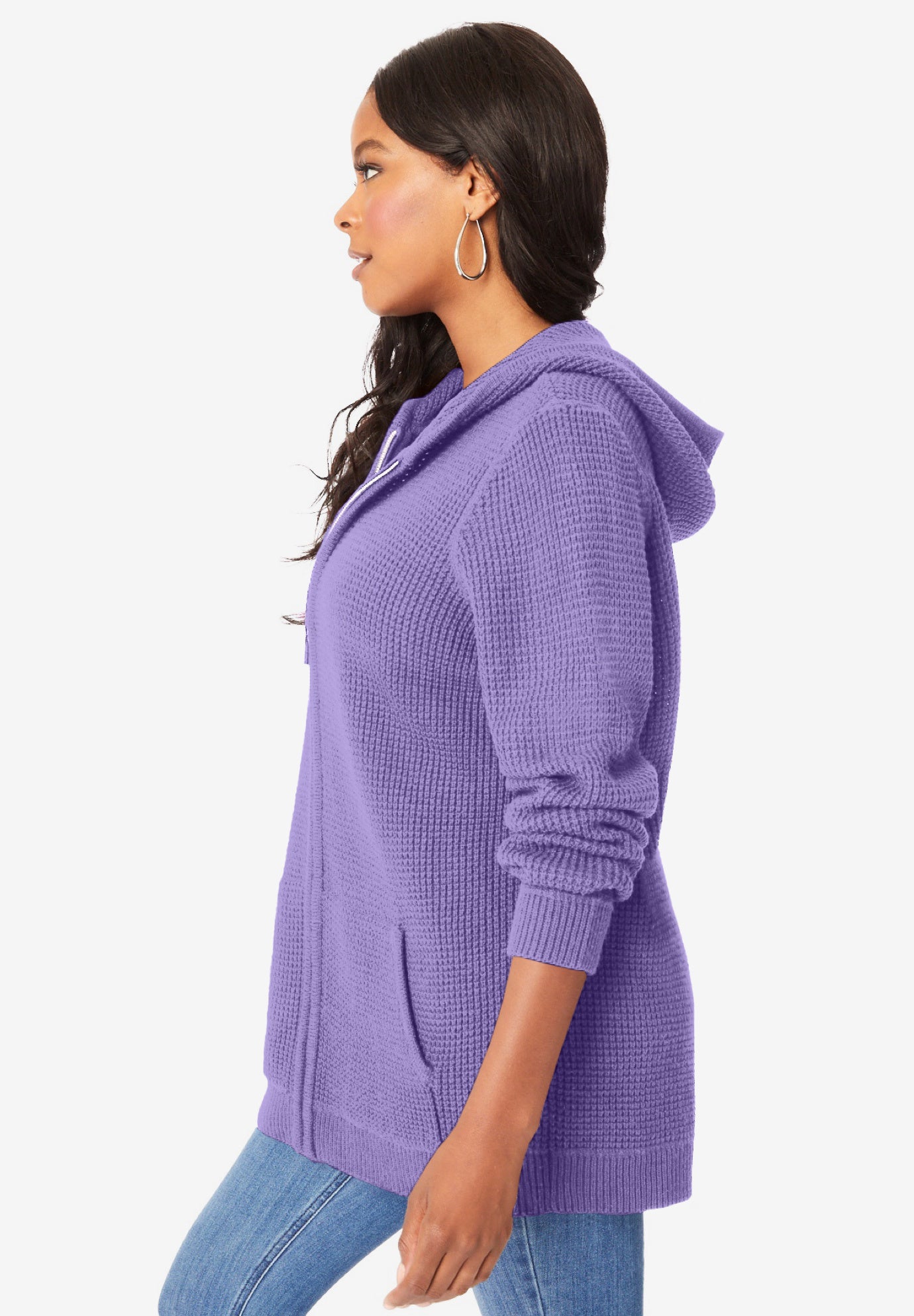 Plus Size Waffle Knit Zip-Front Relaxed Hoodie image number 2