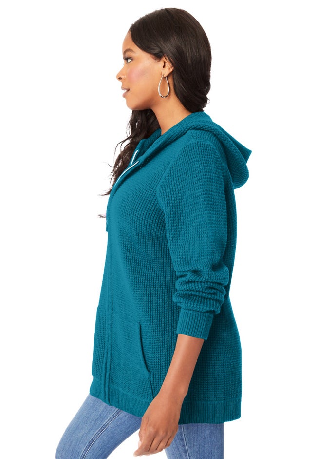 Plus Size Waffle Knit Zip-Front Relaxed Hoodie image number 2