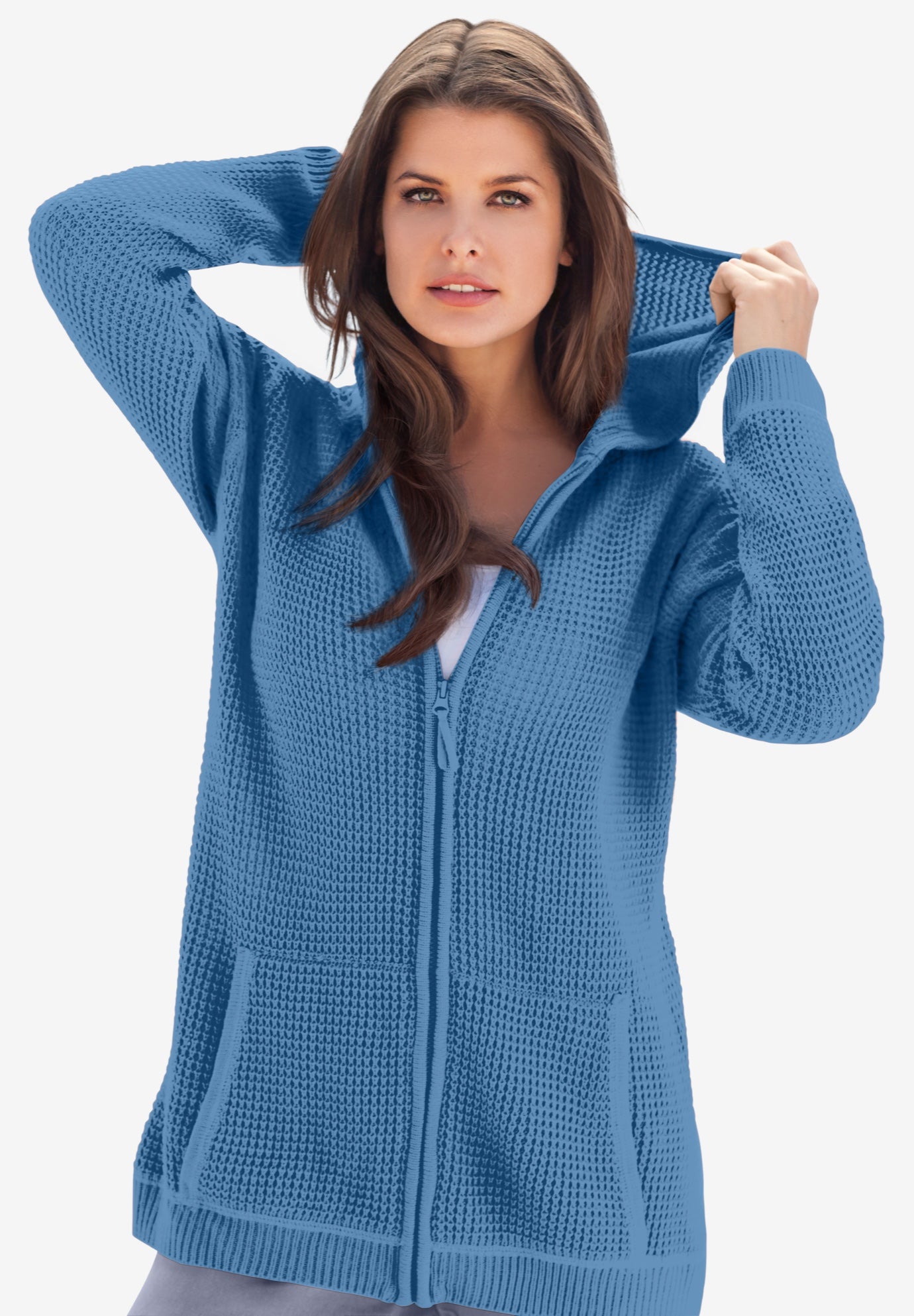 Plus Size Waffle Knit Zip-Front Relaxed Hoodie image number 0