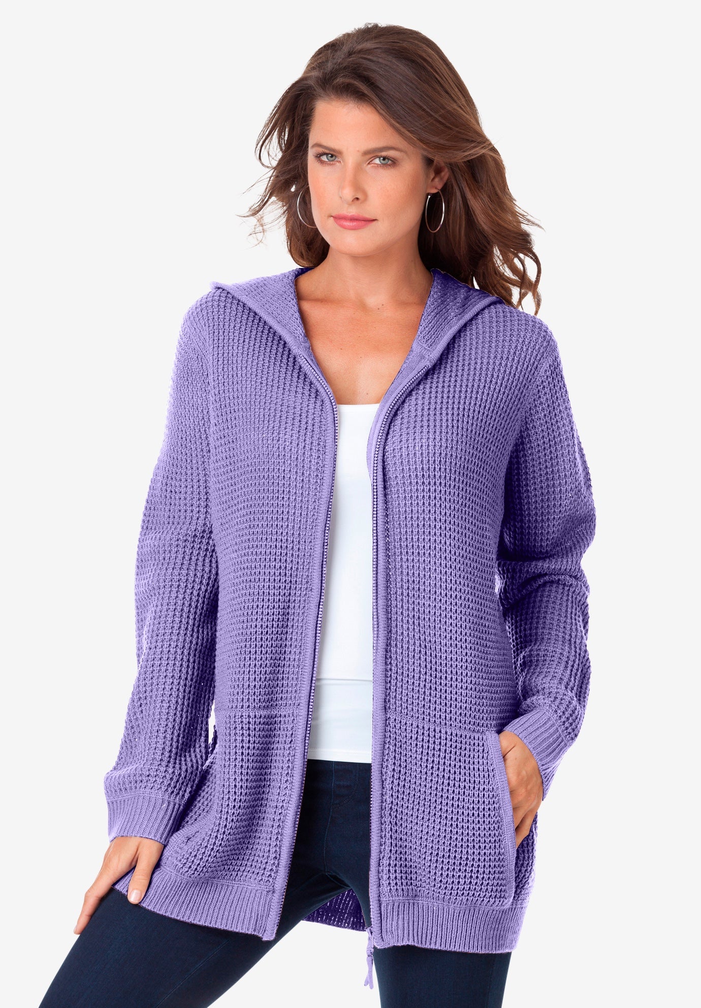 Plus Size Waffle Knit Zip-Front Relaxed Hoodie image number 0