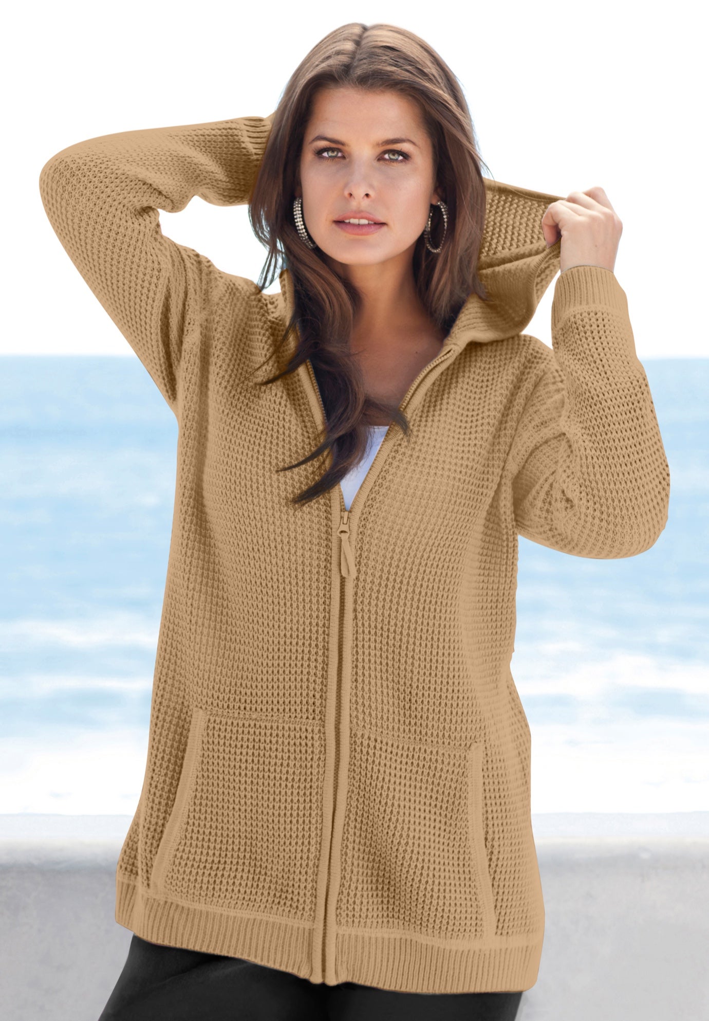 Plus Size Waffle Knit Zip-Front Relaxed Hoodie image number 0