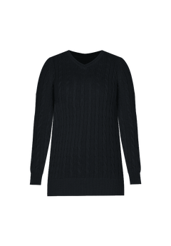 Cable Knit V-Neck Pullover Sweater 100% Cotton, Black Woman Within