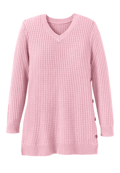 Dellytop Women's V-Neck Waffle Knit Shirt – Long Sleeve Loose Fit Pullover, Pink