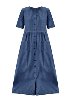 woman within denim dress Short-Sleeve Denim Dress - Button Front Style, Indigo Wash