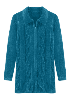 Chenille Zip Cable Cardigan Plus Size, Deep Teal Woman Within