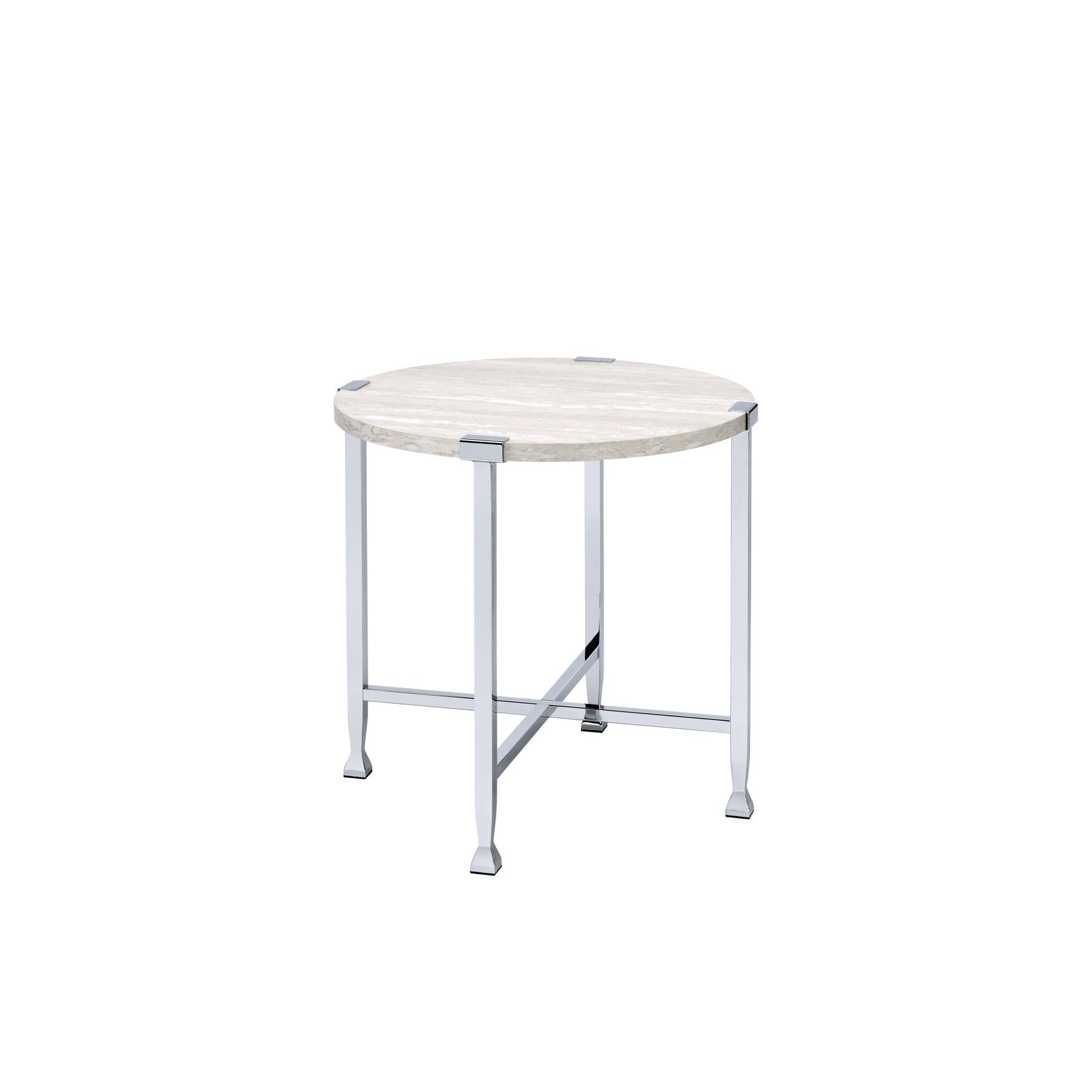 Round end table with marble top and metal legs on white background.