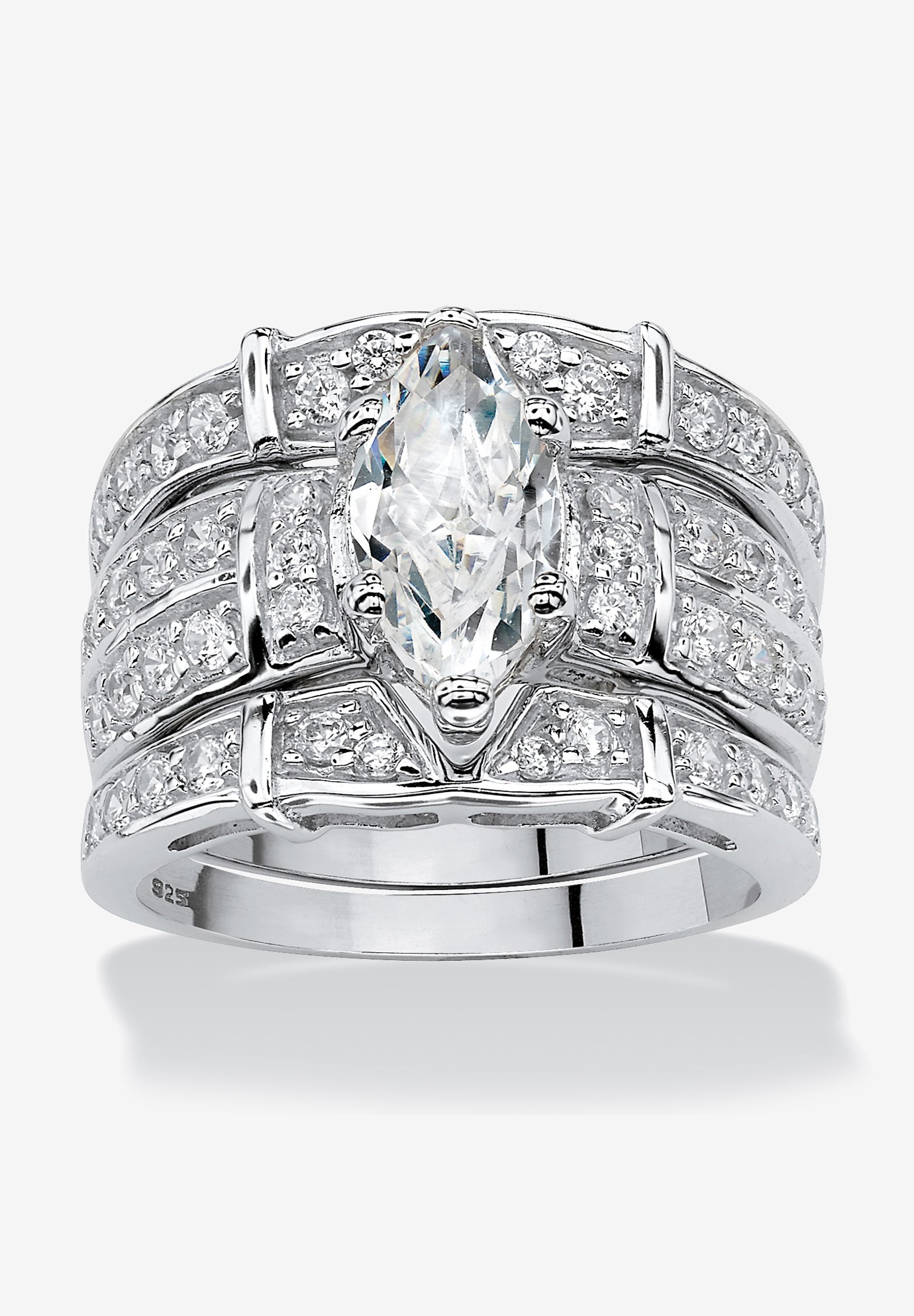 Silver Marquise Cut 3 Piece Multi Row Bridal Ring Set Cubic Zirconia