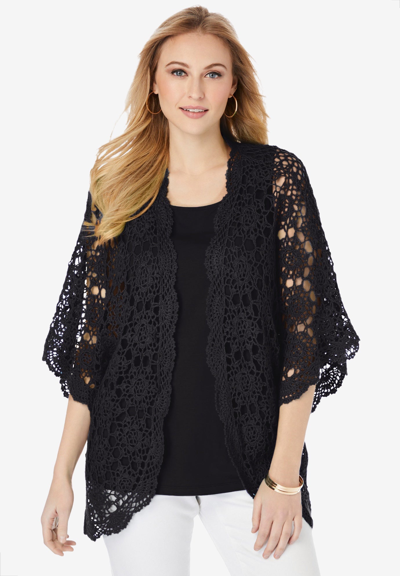 Plus Size Colorblock Crochet Open Front Cardigan