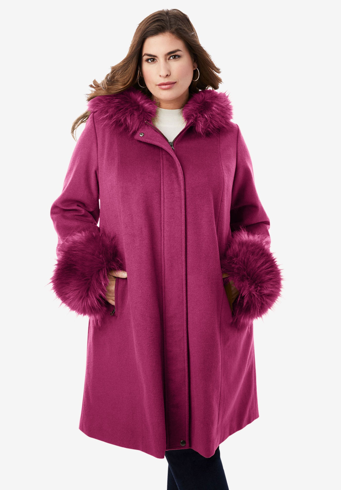Hooded Faux Fur Trim Coat Woman Within