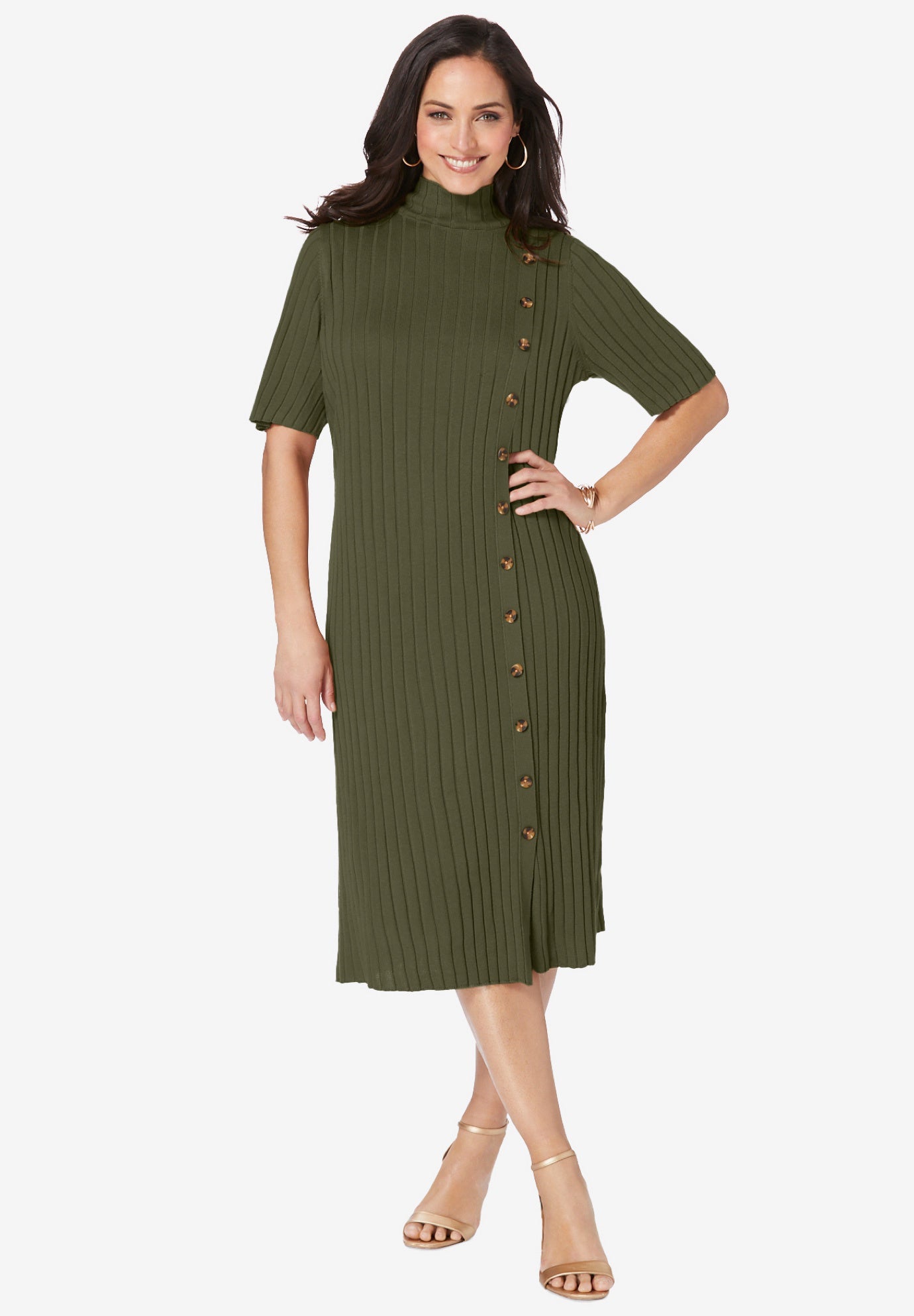 Jessica London Women's Plus Size Button Front Sweater Dress, 26/28 - Dark Olive Green