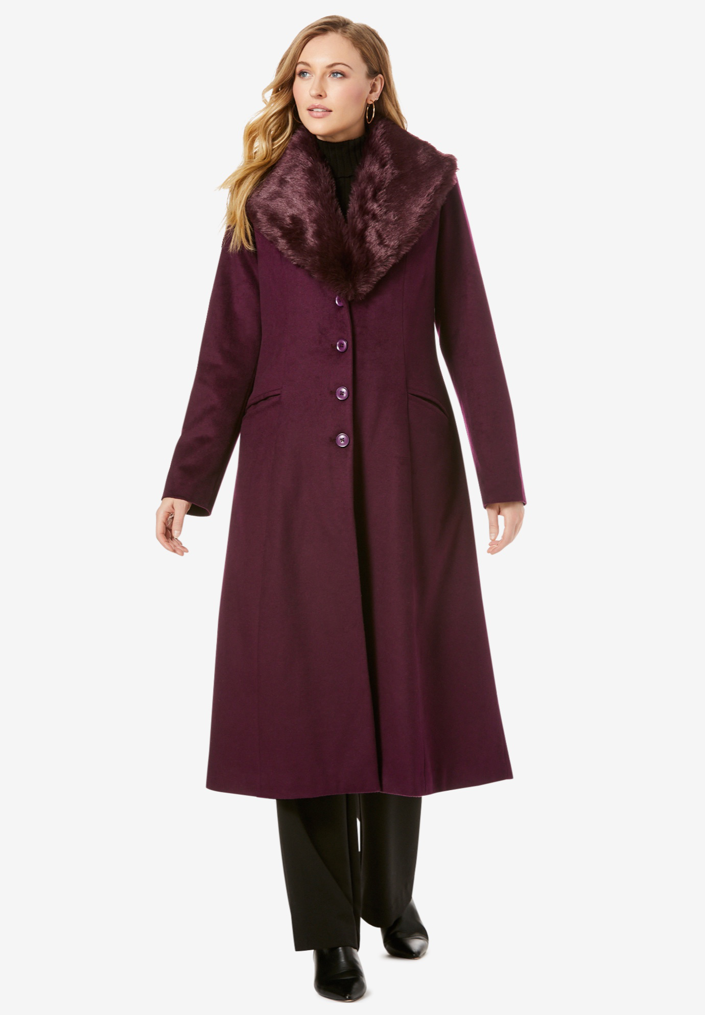 Womens Wool Coat faux fur collar Black straight Jacket Size 8 10 12 14 16 