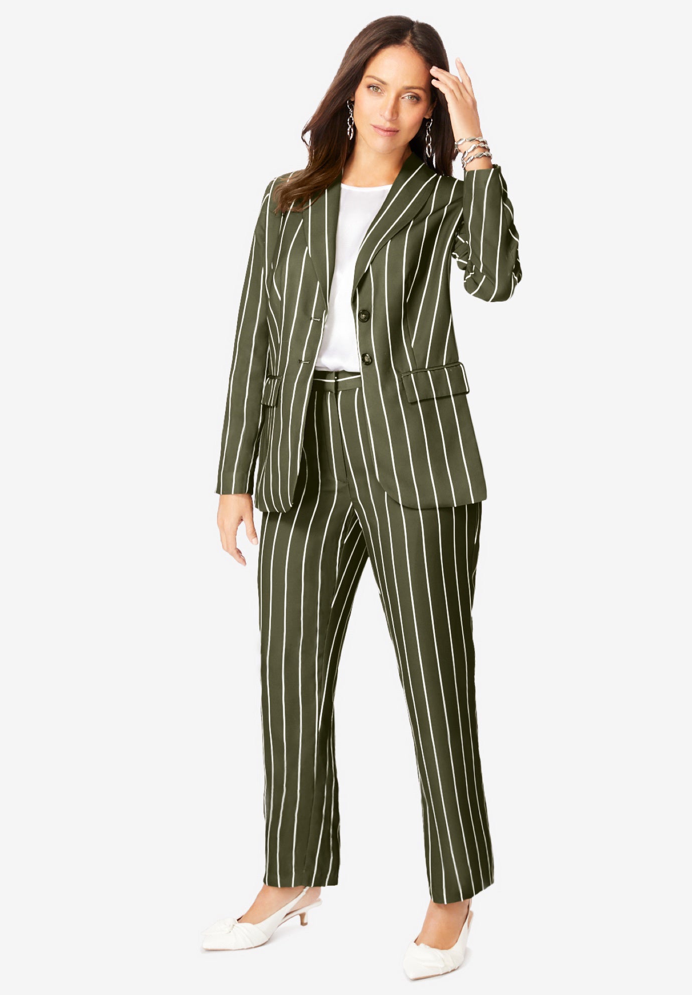Woman within dressy pant suits store