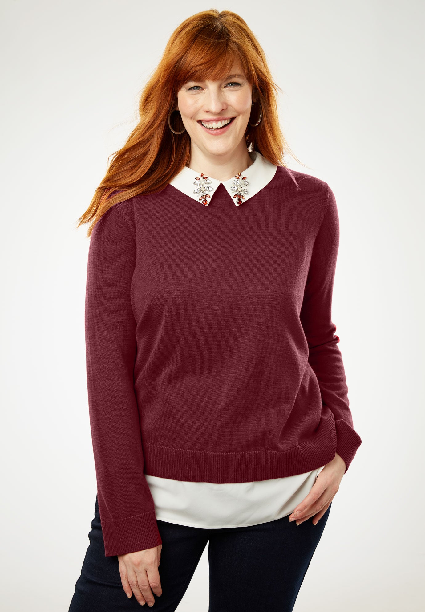Jeweled Collar Twofer Sweater Woman Within