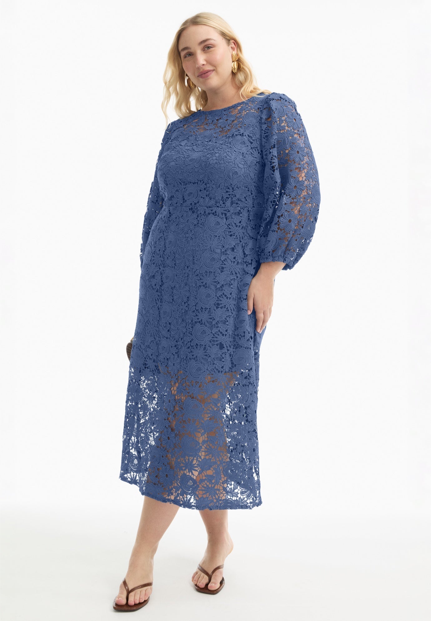 June + Vie Women's Puff Sleeve Lace Midi Dress - Blue - Casual Dresses