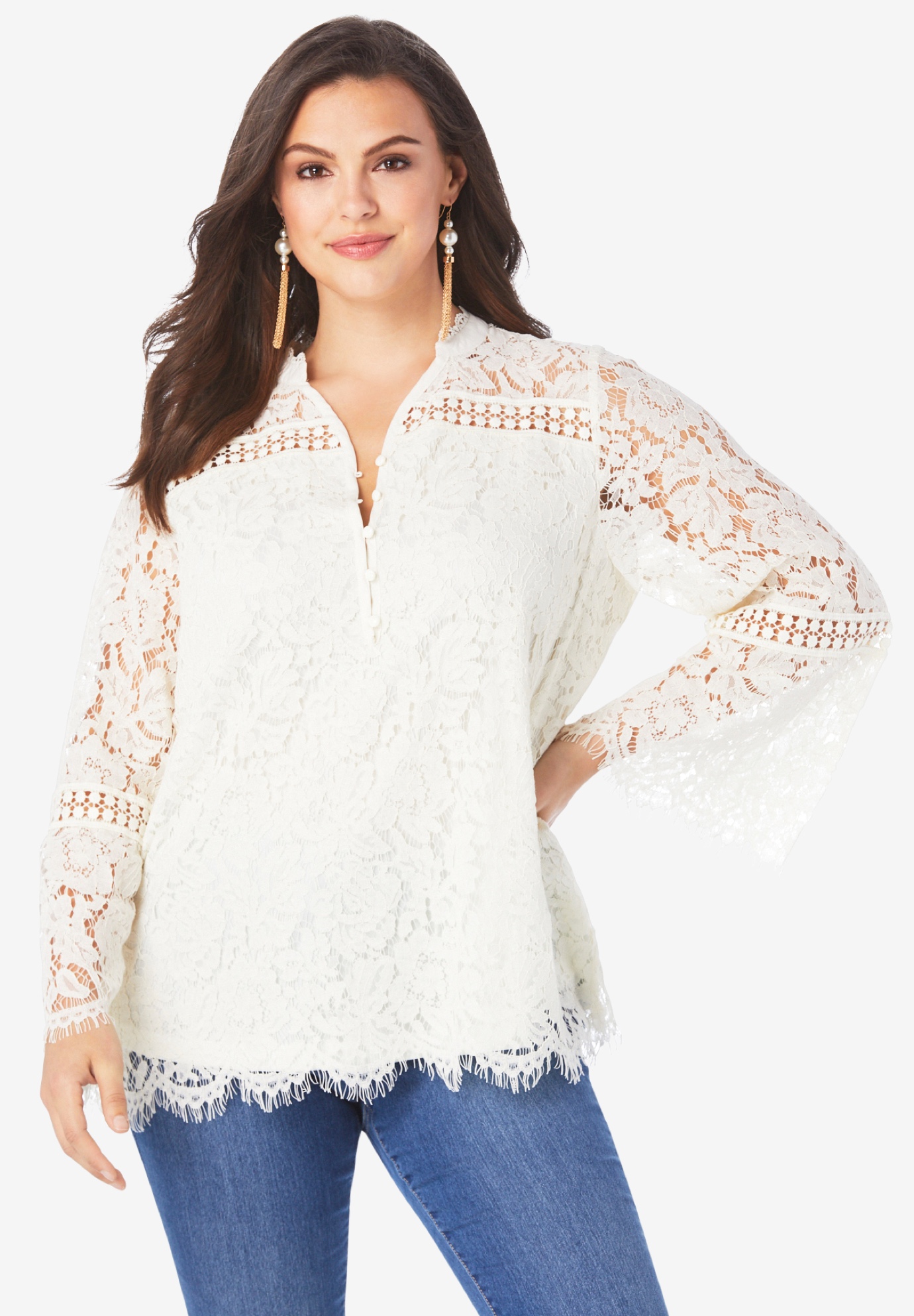 Scalloped Lace Henley Tunic | Woman Within